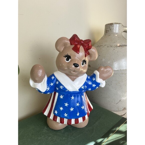 Vintage Ceramic Mold 9" Adorable Hand Painted Mrs USA Patriotic Bear / USA - Picture 3 of 7